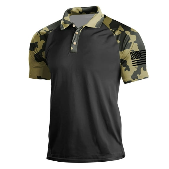 Nokdvo Short Sleeve Polo Shirts for Men American Flag Graphic Camo Printed Shirt Button Lapel Stretch Polo Shirts American Patriotic Athletic Moisture Wicking Tops,Multicolor S