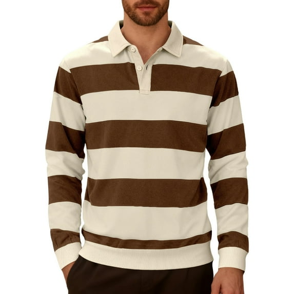 Nokdvo Striped Sweaters Pullover for Men Long Sleeve Collared Sweater Striped Button-Down Pullover Color Block Loose Fit Preppy Oversize Trendy Fall Outfits,Brown M