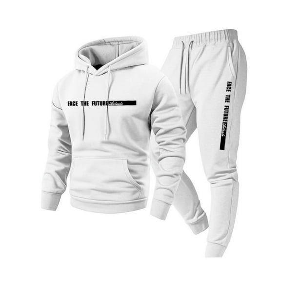 Nokdvo Sweat Outfits for Men Trendy Fleece Letter Print Drawstring Hoodie and Sweatpants Fall Winter Hooded Solid Color Ribbed Pullover Set with Pocket,White XL
