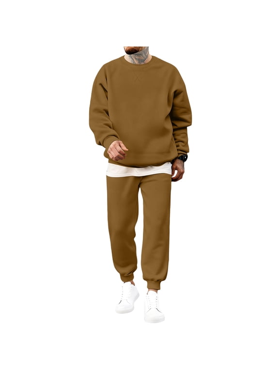 Sweat Set for Men Long Sleeve Crewneck Athletic Suits Stretchy Solid Color Tracksuit with Pockets Casual Jogger Trendy Relaxed Fit Athletic Sweatshirt and Sweatpant Set,Brown L