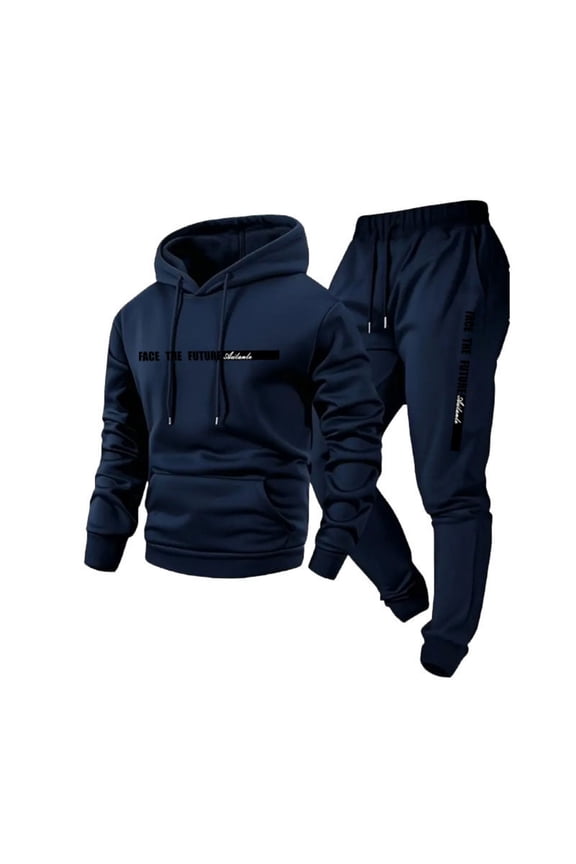 Sweat Suit for Men 2 Piece Set Fashion 2025 Fleece Letter Print Drawstring Hoodie and Sweatpants Fall Winter Hooded Solid Color Ribbed Sweatsuit Sets with Pocket,Navy 2XL
