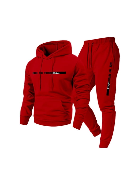 Sweat Suit Mens Fashion Fleece Letter Print Drawstring Hoodie and Sweatpants Fall Winter Hooded Solid Color Ribbed Pullover Set with Pocket,Red XL
