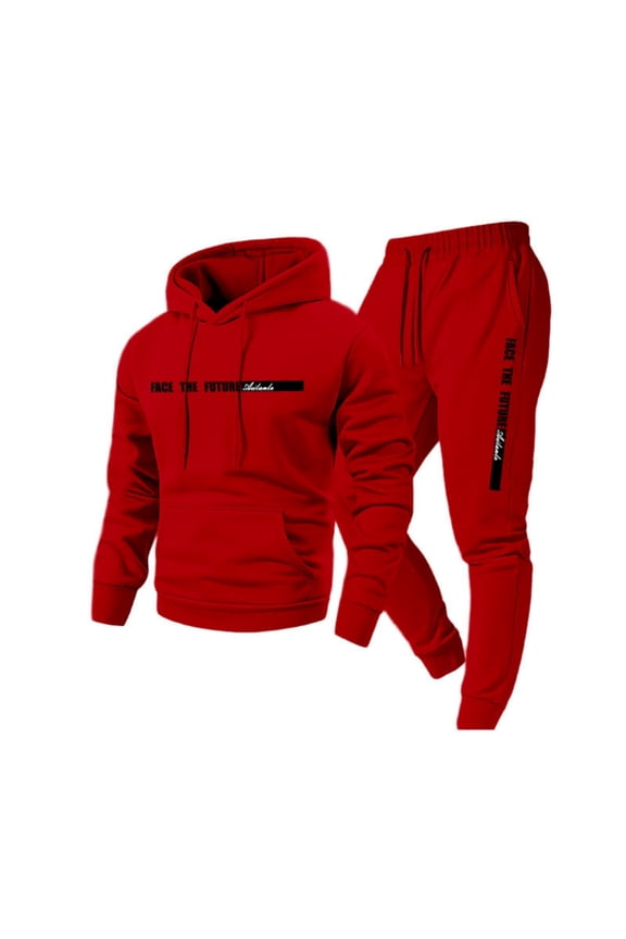 Sweat Suits Men 2 Piece Sherpa Fleece Letter Print Drawstring Hoodie and Sweatpants Fall Winter Hooded Solid Color Ribbed Sweatsuit Sets with Pocket,Red 2XL