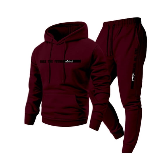 Nokdvo Sweat Suits for Men 2 Piece Trendy Fleece Letter Print Drawstring Hoodie and Sweatpants Fall Winter Hooded Solid Color Ribbed Pullover Set with Pocket,Wine M