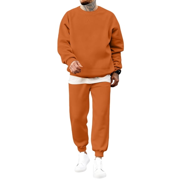 Nokdvo Sweat Suits for Men Crewneck Long Sleeve Sets Solid Color Stretchy Sweatsuits with Pockets Trendy Thermal Winter Warm Casual Outdoor Pullover Sweatsuit Outfits,Saffron 2XL