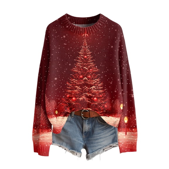 Nokdvo Sweater Christmas Women Plus Size Christmas Graphic Round Neck Knit Sweaters Long Sleeve Casual Christmas Sweatshirt,Red L