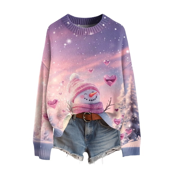 Nokdvo Sweater Christmas Women Plus Size Xmas Holiday Crewneck Knit Sweater Long Sleeve Casual Christmas Sweatshirt,Purple Pink M