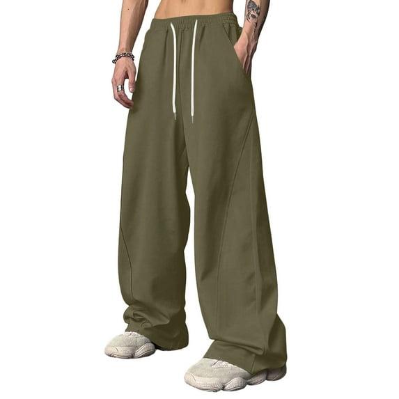 Nokdvo Sweatpants Baggy Men Plus Size Drawstring Elastic Waist Wide Leg Sweatpants Fall Winter Baggy Casual Long Pants with Pocket,Army Green XL