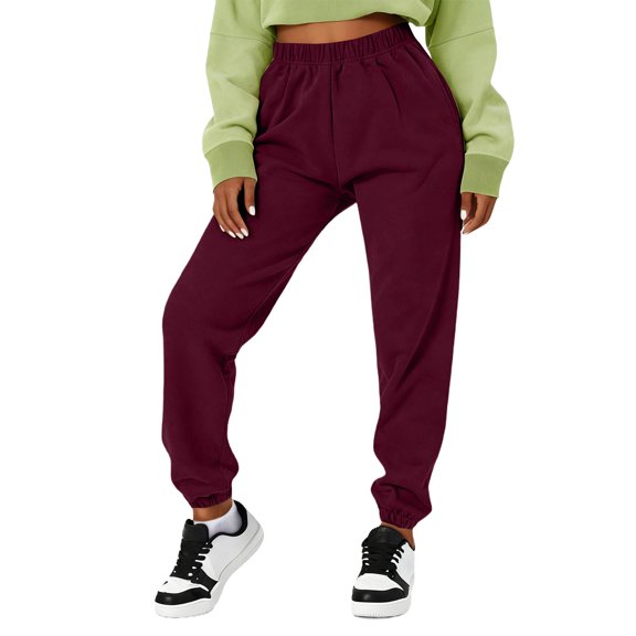 Nokdvo Sweatpants for Women Baggy Plus Size Elastic Waisted Straight Leg Casual Trousers Fall Winter Solid Color Baggy Sweatpants with Pocket,Wine XL