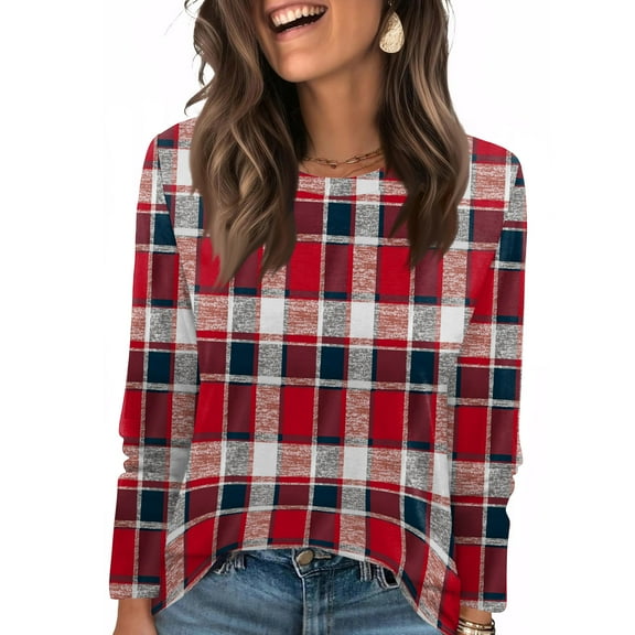 Nokdvo Sweatshirt for Women Fall Winter Plaid Crewneck Pullover Long Sleeve Casual Loose Fitting Tops,Wine L