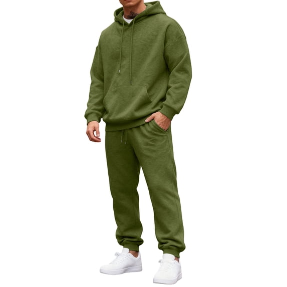 Nokdvo Sweatsuit for Men Fashion 2025 Fleece Letter Print Drawstring Hoodie and Sweatpants Fall Winter Hooded Solid Color Ribbed Pullover Set with Pocket,Army Green 2XL