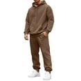 thumbnail image 1 of Nokdvo Sweatsuit Set for Men Sherpa Fleece Letter Print Drawstring Hoodie and Sweatpants Fall Winter Hooded Solid Color Ribbed Pullover Set with Pocket,Brown M, 1 of 4