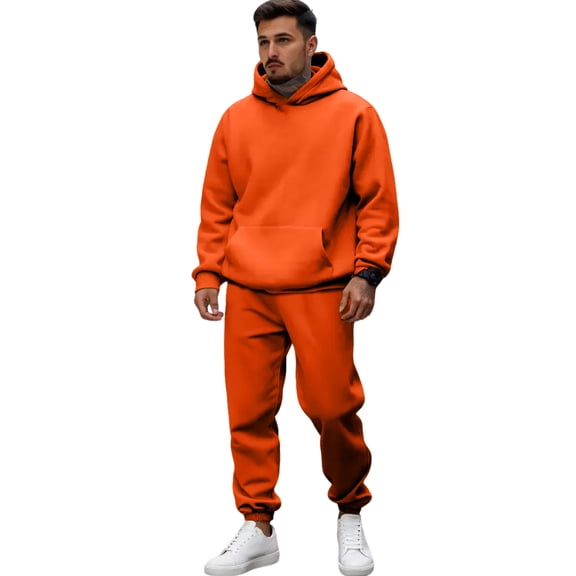 Nokdvo Sweatsuits for Men Long Sleeve Tracksuits with Pockets Solid Color Hoodies and Sweatpants Lounge Sports Jogging Fashion Casual Activewear,Saffron 2XL
