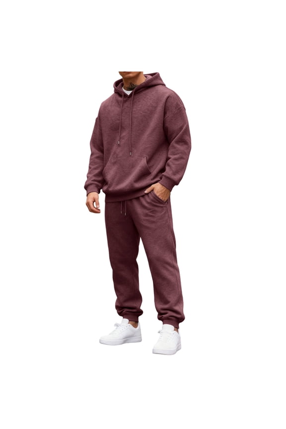 Sweatsuits for Men Trendy Fleece Letter Print Drawstring Hoodie and Sweatpants Fall Winter Hooded Solid Color Ribbed Sweatsuit Sets with Pocket,Wine XL