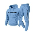 thumbnail image 1 of Nokdvo Track Suit Mens 2 Piece Lightweight Fleece Letter Print Drawstring Hoodie and Sweatpants Fall Winter Hooded Solid Color Ribbed Pullover Set with Pocket,Light Blue M, 1 of 2