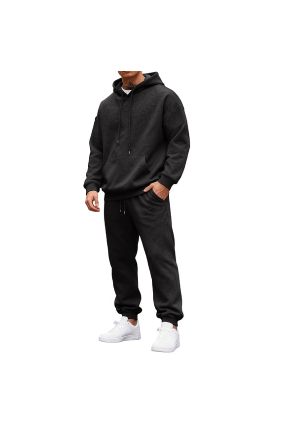 Tracksuit Men 2 Piece Fashion 2025 Fleece Letter Print Drawstring Hoodie and Sweatpants Fall Winter Hooded Solid Color Ribbed Sweat Suit Sets with Pocket,Black M