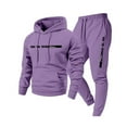 thumbnail image 1 of Nokdvo Tracksuit Men 2 Piece Set Trendy Fleece Letter Print Drawstring Hoodie and Sweatpants Fall Winter Hooded Solid Color Ribbed Pullover Set with Pocket,Light Purple 2XL, 1 of 3