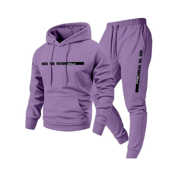 Nokdvo Tracksuit Men 2 Piece Set Trendy Fleece Letter Print Drawstring Hoodie and Sweatpants Fall Winter Hooded Solid Color Ribbed Pullover Set with Pocket,Light Purple 2XL