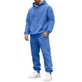 thumbnail image 1 of Nokdvo Tracksuits for Men Set Fashion 2025 Fleece Letter Print Drawstring Hoodie and Sweatpants Fall Winter Hooded Solid Color Ribbed Sweatsuit Sets with Pocket,Blue 2XL, 1 of 4