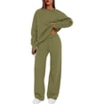 thumbnail image 1 of Nokdvo Travel Outfits for Women 2 Piece Sets Trendy Casual Long Sleeve Pullover Tops with Wide Leg Pants Crew Neck Solid Color Fall Winter Sweatsuit Set with Pockets,Army Green L, 1 of 6