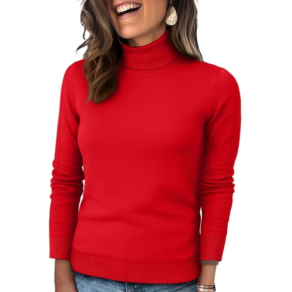 Nokdvo Turtle Neck Sweaters for Women Lightweight Knitting Long Sleeve Solid Color Sweaters Fall Winter Casual Loose Ribbed Pullover Top,Red L