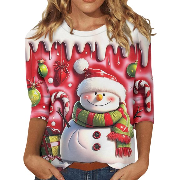 Nokdvo Ugly Christmas Shirt for Women Lightweight Xmas Crew Neck 3/4 Sleeve Shirts Casual Loose Christmas Sweatshirt Tops,Multicolor 2XL