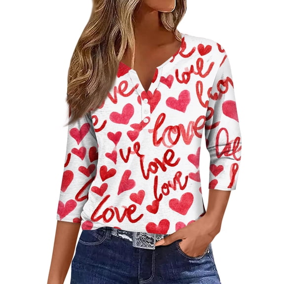 Nokdvo Valentine Shirt Kids Shirt Women Sherpa Valentine's Printed Henley V Neck Button Down Loose Tops 3/4 Sleeve Fall Tunic T Shirt,Multicolor 2XL