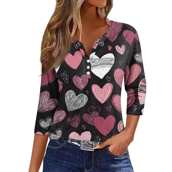Nokdvo Valentine Shirts for Women Fashion Valentine's Day Print Henley Loose Tops 3/4 Length Sleeve Fall Tunic Pullover,Vermilion M