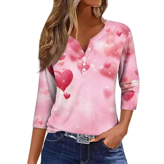 Nokdvo Valentine's Shirt for Women Trendy Valentines Printed V Neck Button Up Baggy Tops 3/4 Length Sleeve Fall Tunic T Shirt,Hot Pink S