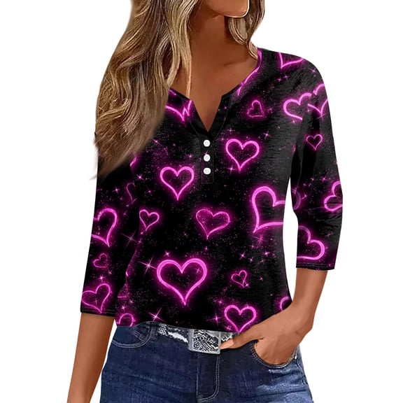 Nokdvo Valentine's Shirts for Women Fashion 2025 Valentine's Print V Neck Button Up Loose T Shirt Top 3/4 Sleeve Fall Tunic Pullover,Pink L