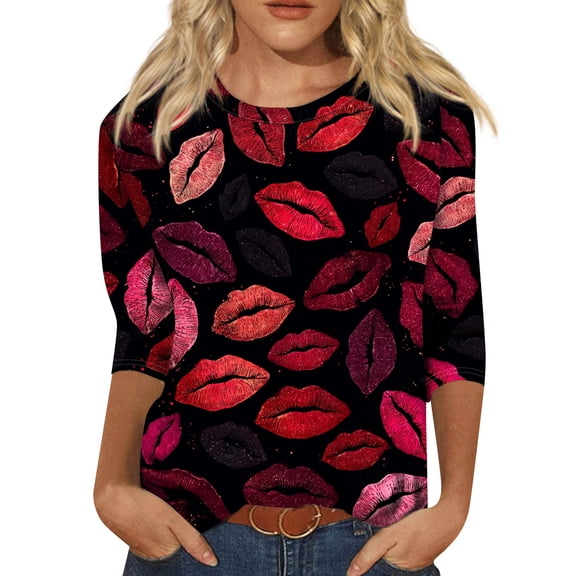 Nokdvo Valentines Day Shirt Women Sherpa Valentine's Day Print Round Neck Baggy T Shirt 3/4 Sleeve Fall Tunic Basic Tops,White L