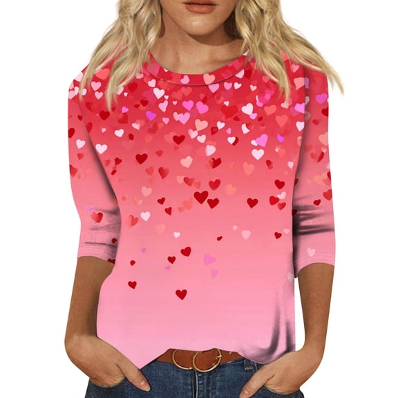 Nokdvo Valentines Day Shirt for Women Sherpa Valentine Printed Crewneck Baggy Valentine Tee 3/4 Length Sleeve Fall Tunic Tops,Wine M