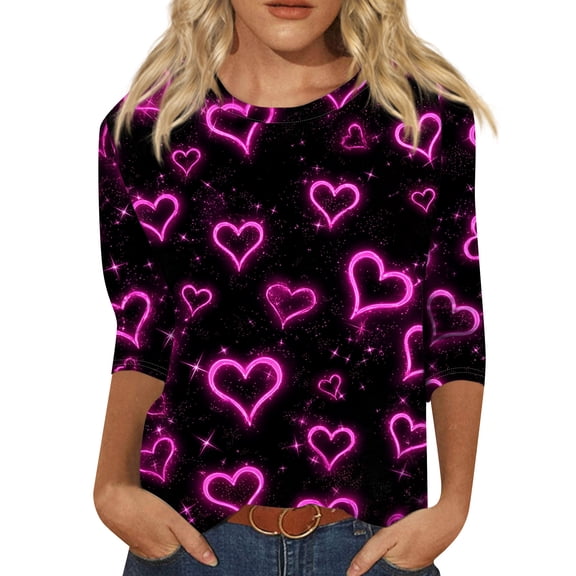 Nokdvo Valentines Day Shirts for Women Fashion Valentine's Day Print Crew Neck Baggy T Shirt 3/4 Sleeve Fall Tunic T Shirt Top,Watermelon Red S