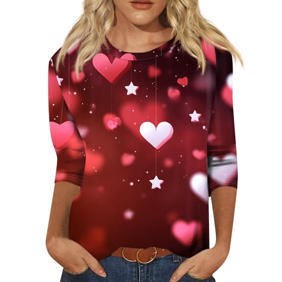 Nokdvo Valentines Day Shirts for Women Lightweight Valentine's Day Print Round Neck Baggy T Shirt 3/4 Length Sleeve Fall Tunic Basic Tops,White XL