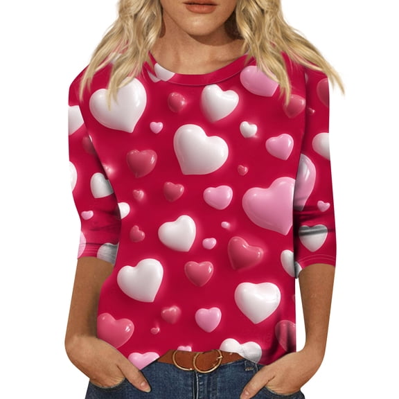 Nokdvo Valentines Day Shirts for Women Sherpa Valentine Printed Round Neck Baggy Pullover Tops 3/4 Sleeve Fall Tunic T Shirt Top,Multicolor M