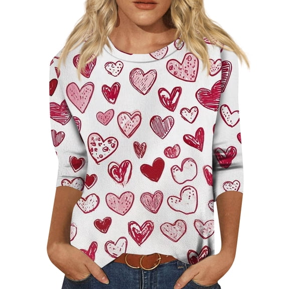 Nokdvo Valentines Day Shirts for Women Trendy Valentine Print Round Neck Baggy Valentine Tee 3/4 Length Sleeve Fall Tunic Basic Tops,Red L