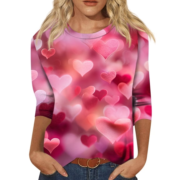 Nokdvo Valentines Shirt Women Fashion 2025 Valentines Print Crewneck Loose Valentine Tee 3/4 Sleeve Fall Tunic Basic Tops,Wine 2XL