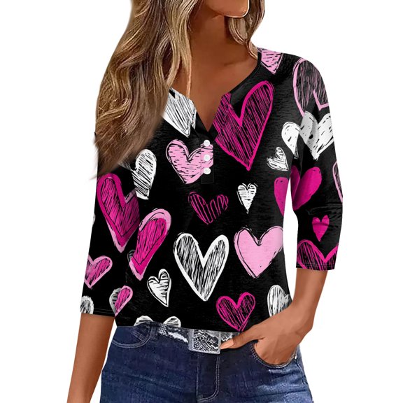 Nokdvo Valentines Shirt for Women Fashion 2025 Valentine Day Print Henley V Neck Loose Tops 3/4 Length Sleeve Fall Tunic Pullover Tops,Deep Red S