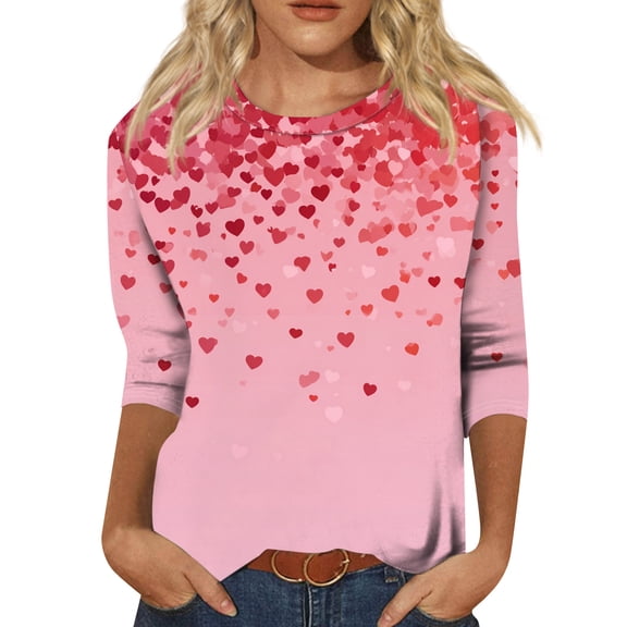 Nokdvo Valentines Shirt for Women Lightweight Valentines Print Round Neck Loose Pullover 3/4 Sleeve Fall Tunic Tops,Deep Red M