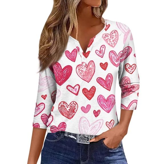 Nokdvo Valentines Shirts Women Fashion 2025 Valentine Day Print Henley Baggy T Shirt Top 3/4 Sleeve Fall Tunic Pullover Tops,Pink L