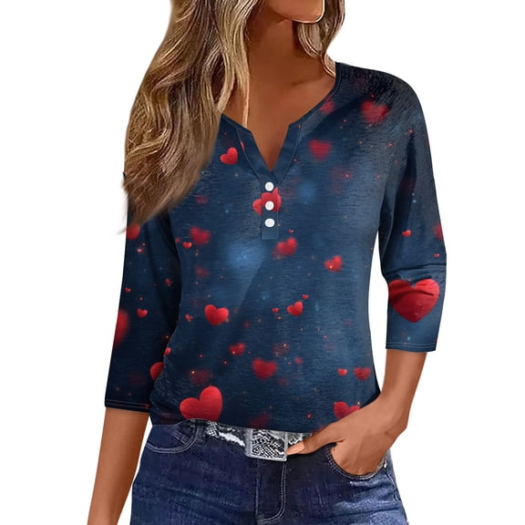 Nokdvo Valentines Shirts for Women Sherpa Valentine's Printed Henley Baggy T Shirt Top 3/4 Length Sleeve Fall Tunic Pullover Tops,Deep Red M