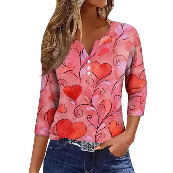 Nokdvo Valentines Shirts for Women Trendy Valentine Printed Henley Loose T Shirt Top 3/4 Length Sleeve Fall Tunic Pullover Tops,White XL