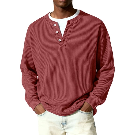 Nokdvo Waffle Long Sleeve Shirts for Men Plus Size Quarter Button Up Henley Casual Tops Fall Winter Knit Solid Color Loose Workout Shirts,Wine M