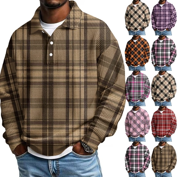 Nokdvo Waffle Shirts for Men Long Sleeve Collared Polo Tee Button Up Textured Knit Pullover Plaid Lightweight Big and Tall Relaxed Fit Comfort Tops,Saffron 2XL