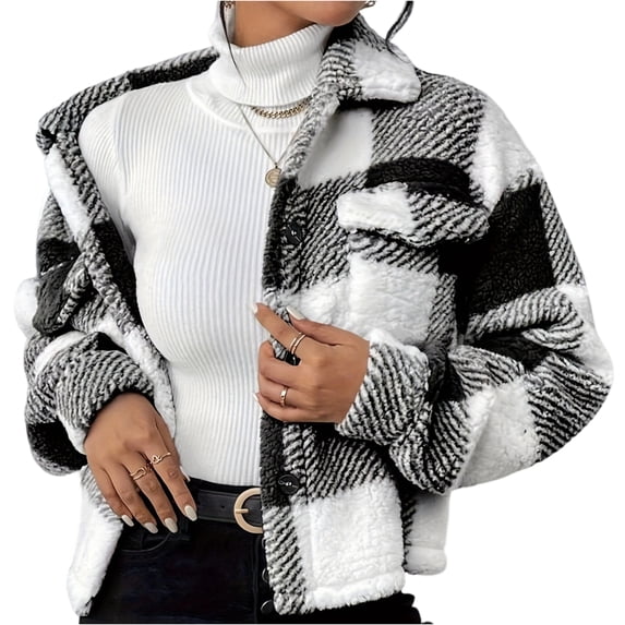 Nokdvo Winter Jackets for Women Crop Fleece Jacket Plaid Lapel Button Down Outwear Trendy Long Sleeve Warm Fuzzy Teddy Coat with Pockets Black M