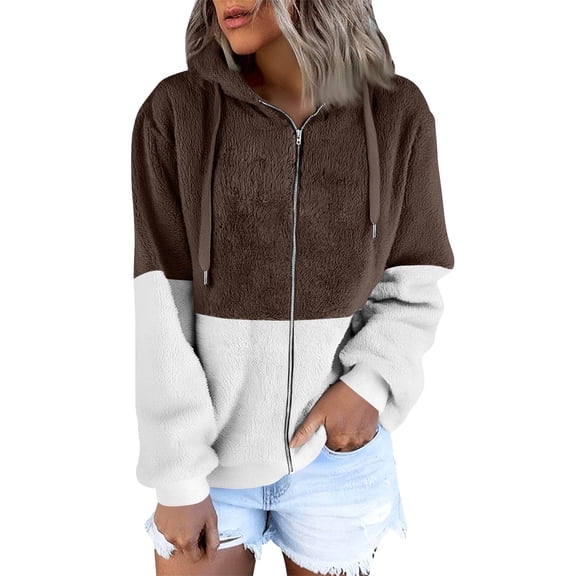 Nokdvo Winter Jackets for Women Plus Size Zip Up Hoodie Winter Coats for Women Plus Size Color Block Faux Fur Outerwear with Pockets,Coffee XL