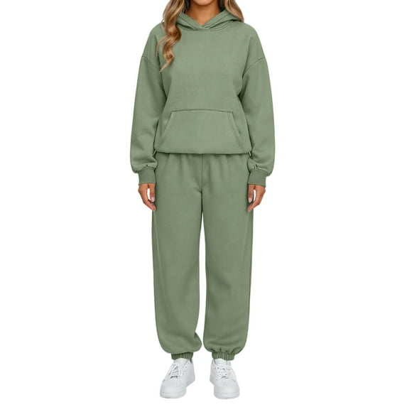Nokdvo Woman 2 Piece Outfit Set Fall Winter Long Sleeve Casual Hoodie Sweatsuit Ribbed Tracksuit with Pockets,Green L
