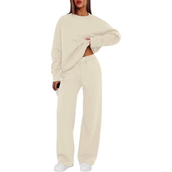 Nokdvo Woman 2 Piece Outfit Set Plus Size Casual Long Sleeve Pullover Tops Wide Leg Pants Crew Neck Solid Color Fall Winter Sweat Suit with Pockets,Beige L