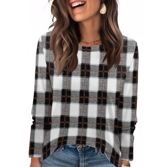 Nokdvo Woman's Sweatshirts Fashion 2025 Plaid Crewneck Pullover Long Sleeve Casual Loose Fitting T Shirts,Gray M
