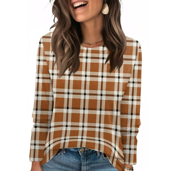 Nokdvo Womans Sweatshirt Trendy Plaid Round Neck Pullover Long Sleeve Casual Loose Fitting Basic Tees,Orange 2XL